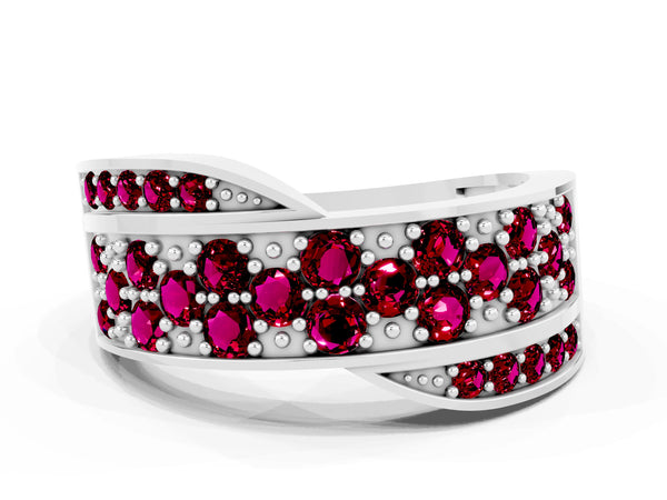 White gold Pavé Round Garnet Crossover Band with Bead Prong Setting