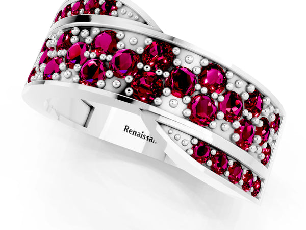 Silver Pavé Round Garnet Crossover Band with Bead Prong Setting