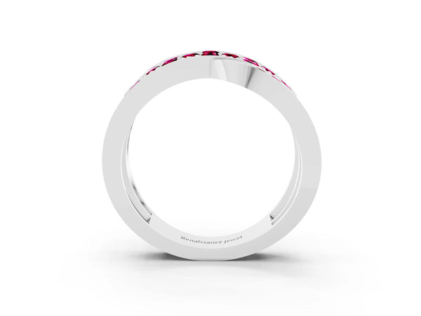 White gold Pavé Round Garnet Crossover Band with Bead Prong Setting