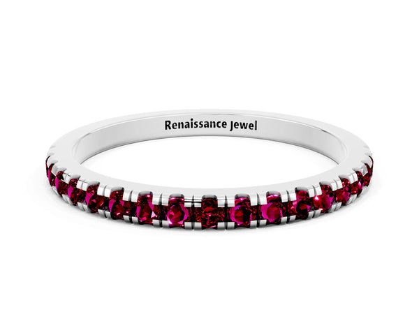 Platinum Round Garnet Slim Pave Half Eternity Band with Shared Prongs