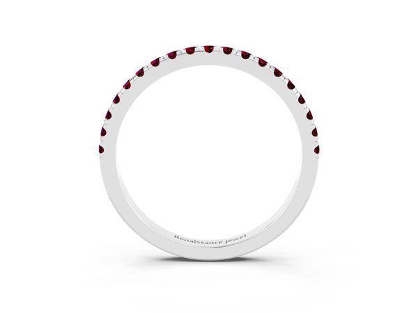 Platinum Round Garnet Slim Pave Half Eternity Band with Shared Prongs