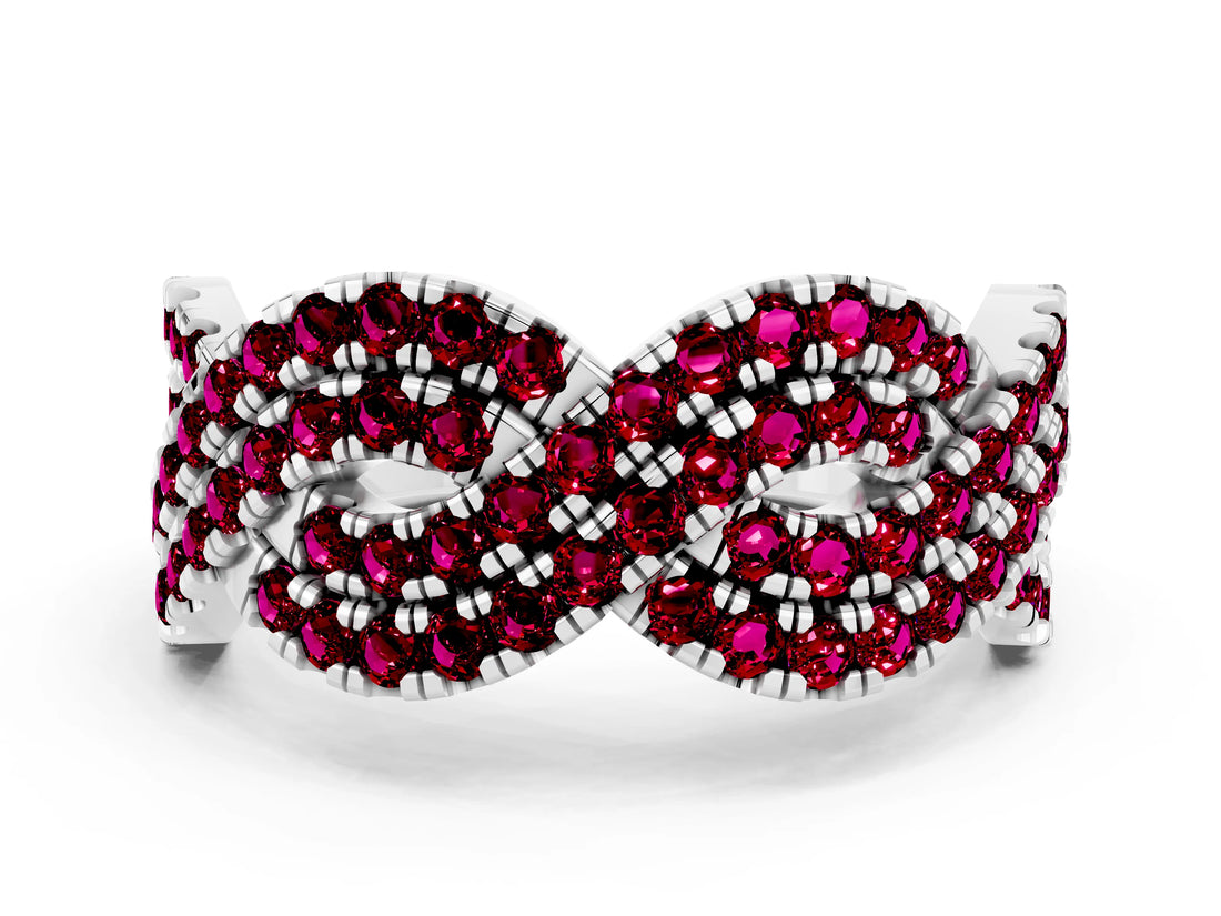 White gold Pavé Round Garnet Infinity Twist Band with Shared Prong Setting_12