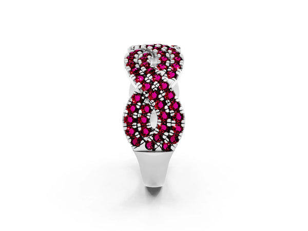 White Gold Round Garnet Pave Infinity Twist Wedding Band with Shared Prongs