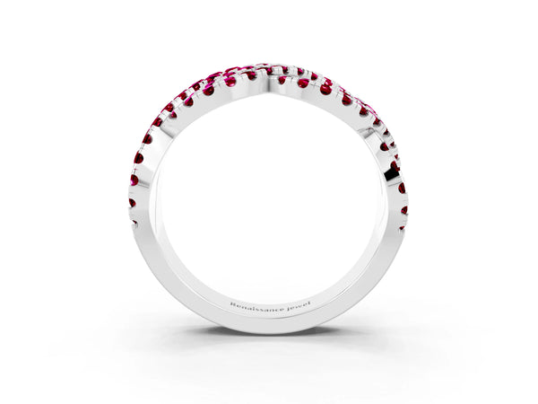 White Gold Round Garnet Pave Infinity Twist Wedding Band with Shared Prongs