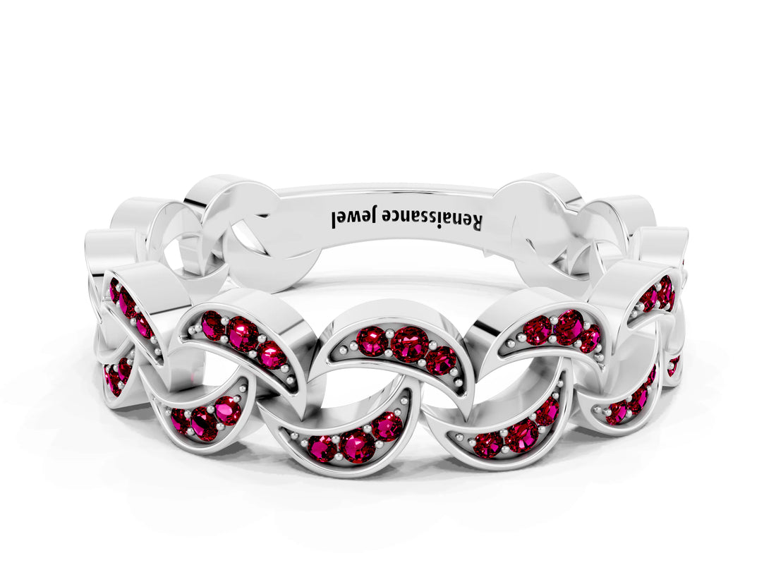 White gold Pavé Round Garnet Interlocking Eternity Band with Bezel Prong Setting_6