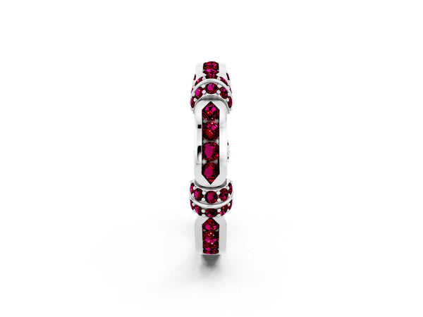 White Gold Garnet Pave Link Wedding Band with Channel Set Top Panel