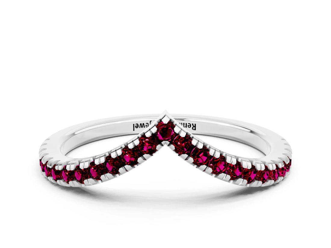 White gold Pavé Round Garnet V-Shaped Chevron Band with Shared Prong Setting_6