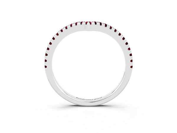 Platinum Round Garnet V Chevron Pave Wedding Band with Shared Prongs