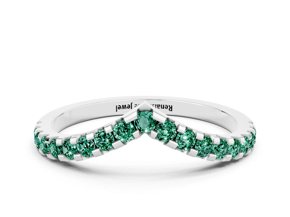White gold Pavé Round Green Sapphire Chevron Band with Shared Prong Setting_6