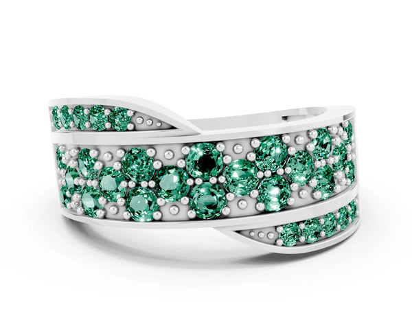 Platinum Pavé Round Green Sapphire Crossover Band with Bead Prong Setting