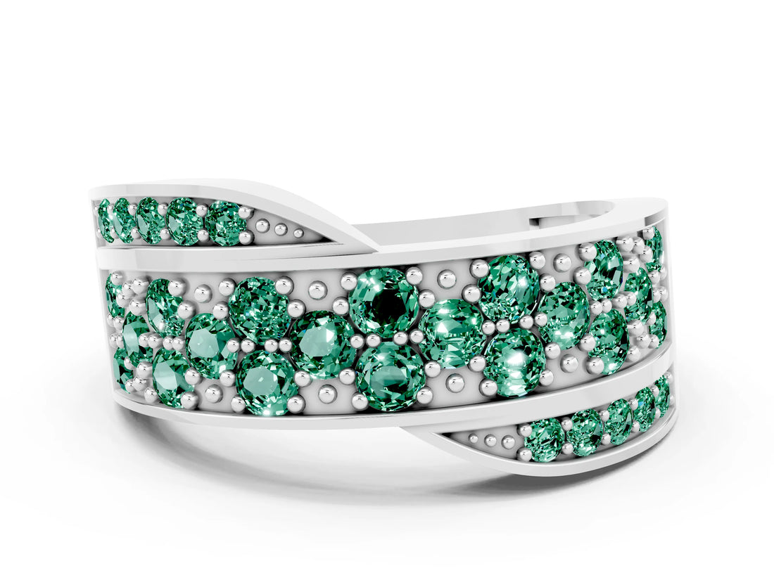 White gold Pavé Round Green Sapphire Crossover Band with Bead Prong Setting_6