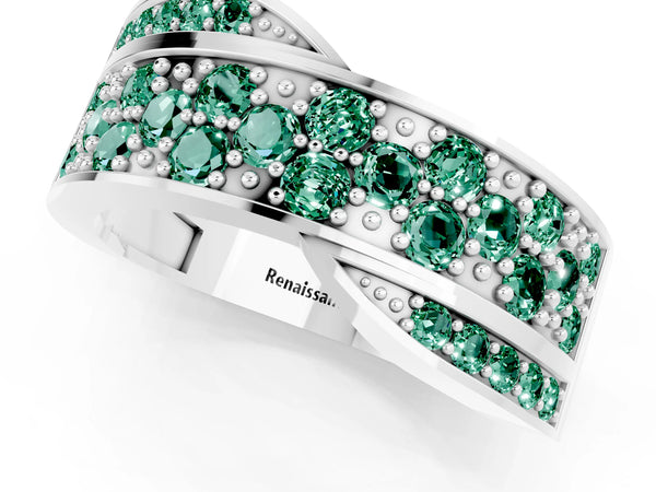 Platinum Pavé Round Green Sapphire Crossover Band with Bead Prong Setting