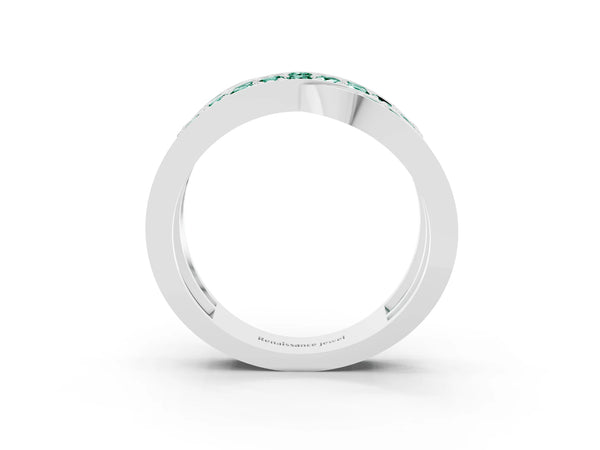 Silver Pavé Round Green Sapphire Crossover Band with Bead Prong Setting