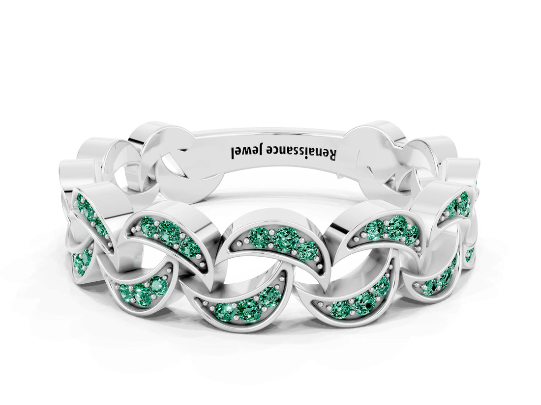 White gold Pavé Round Green Sapphire Interlocking Eternity Band with Bezel Prong Setting_6