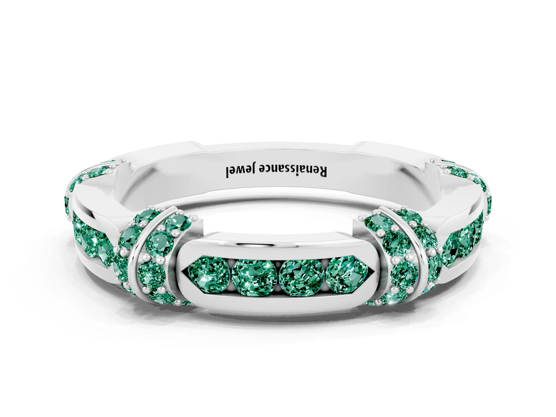 White gold Pavé Round Green Sapphire Link Band with Bezel Setting_18