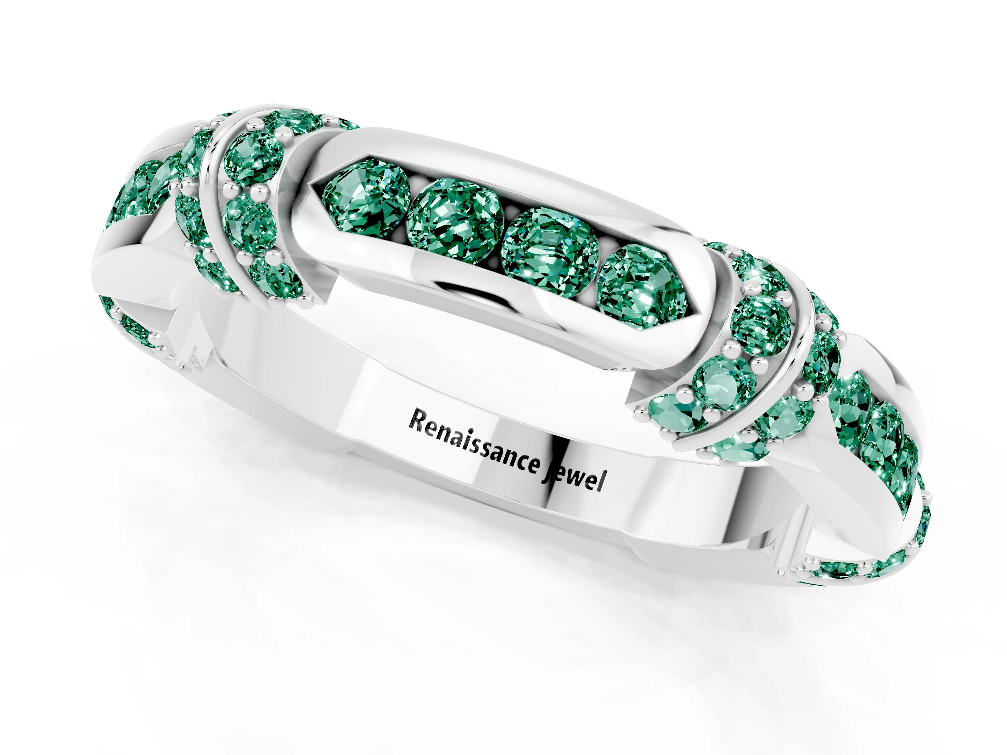 White gold Pavé Round Green Sapphire Link Band with Bezel Setting_19