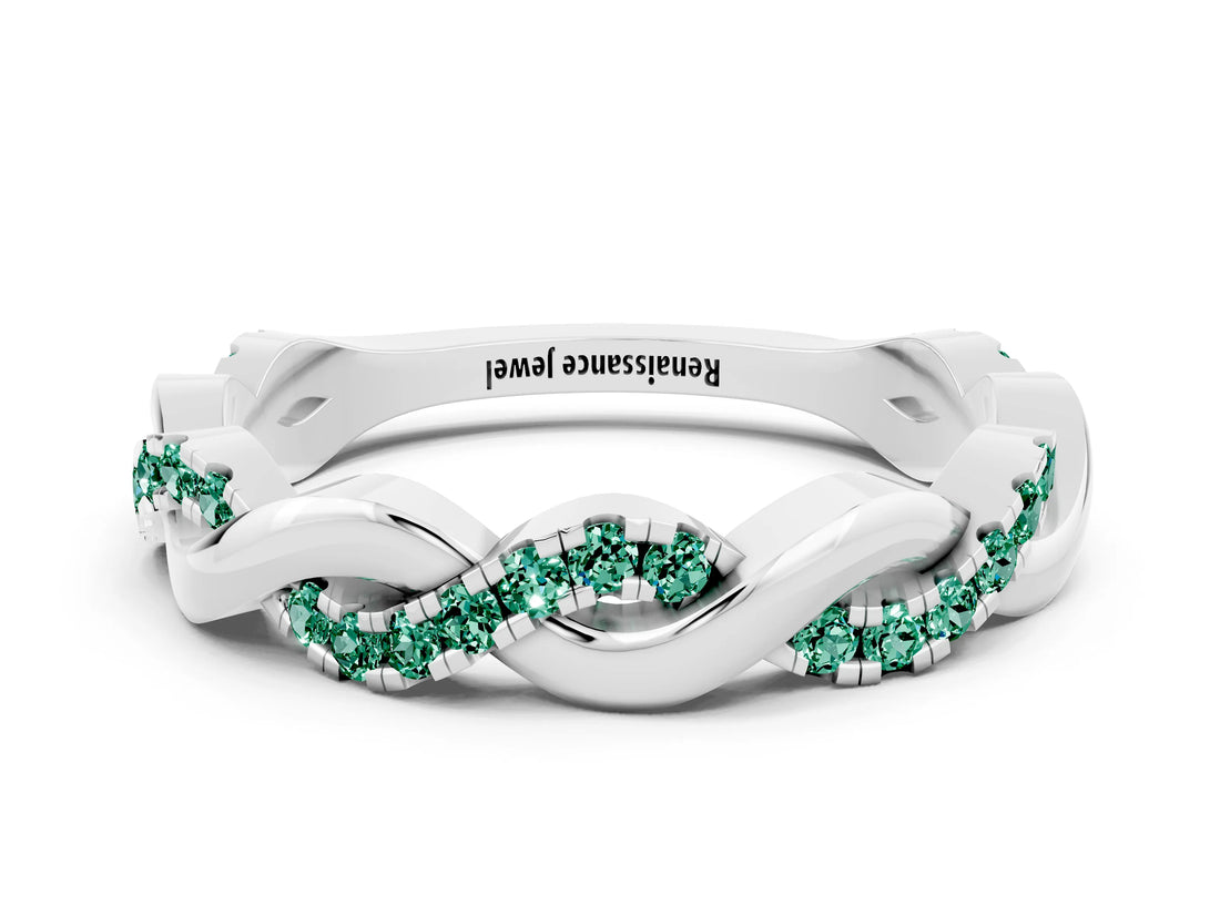 White gold Pavé Round Green Sapphire Twist Eternity Band with Shared Prong Setting_18