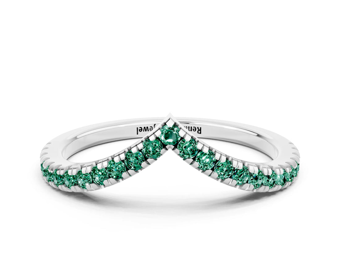 White gold Pavé Round Green Sapphire V-Shaped Chevron Band with Shared Prong Setting_6