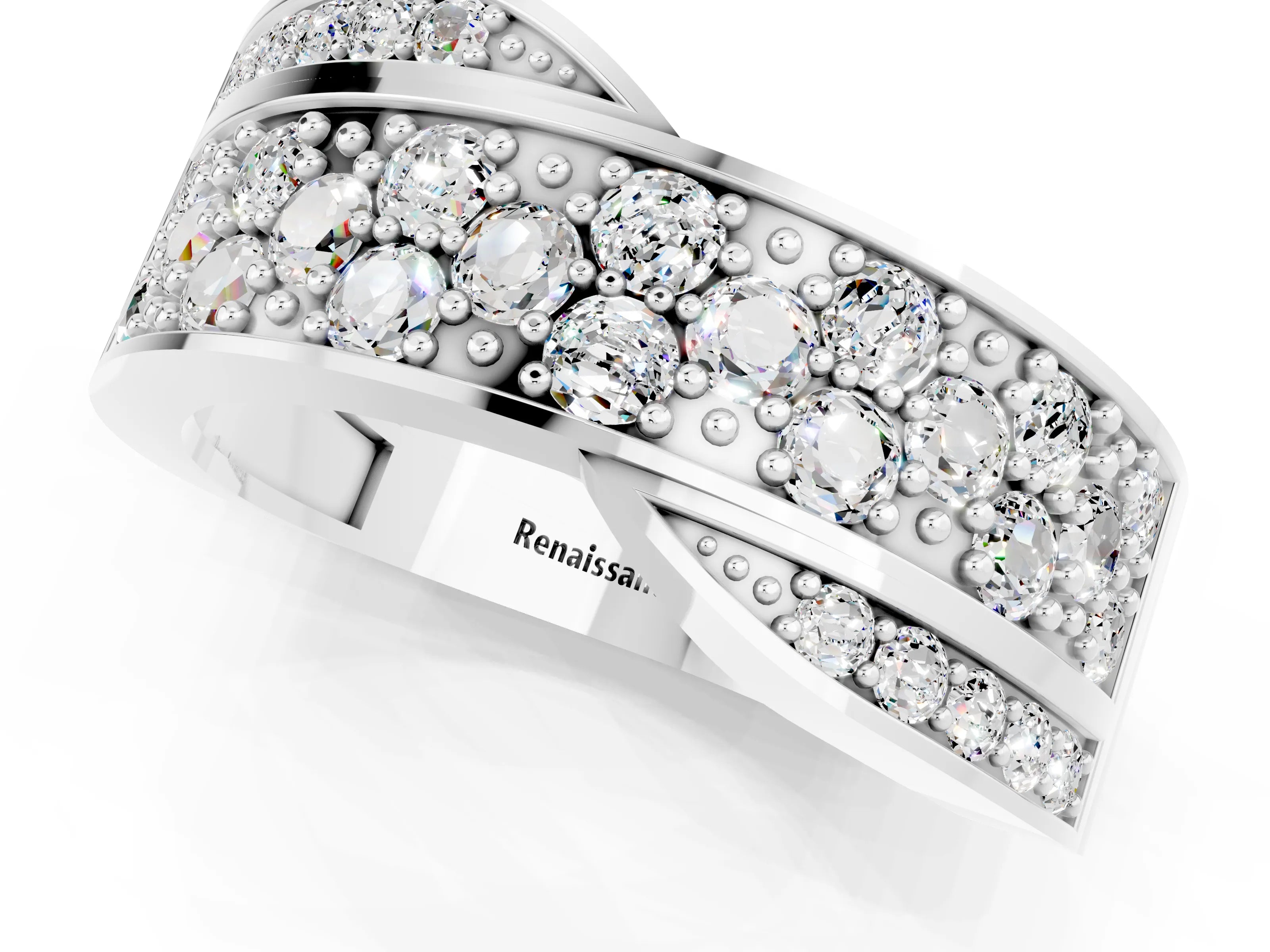 White gold Pavé Round Moissanite Crossover Band with Bead Prong Setting_7
