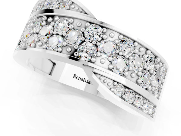 Platinum Pavé Round Moissanite Crossover Band with Bead Prong Setting