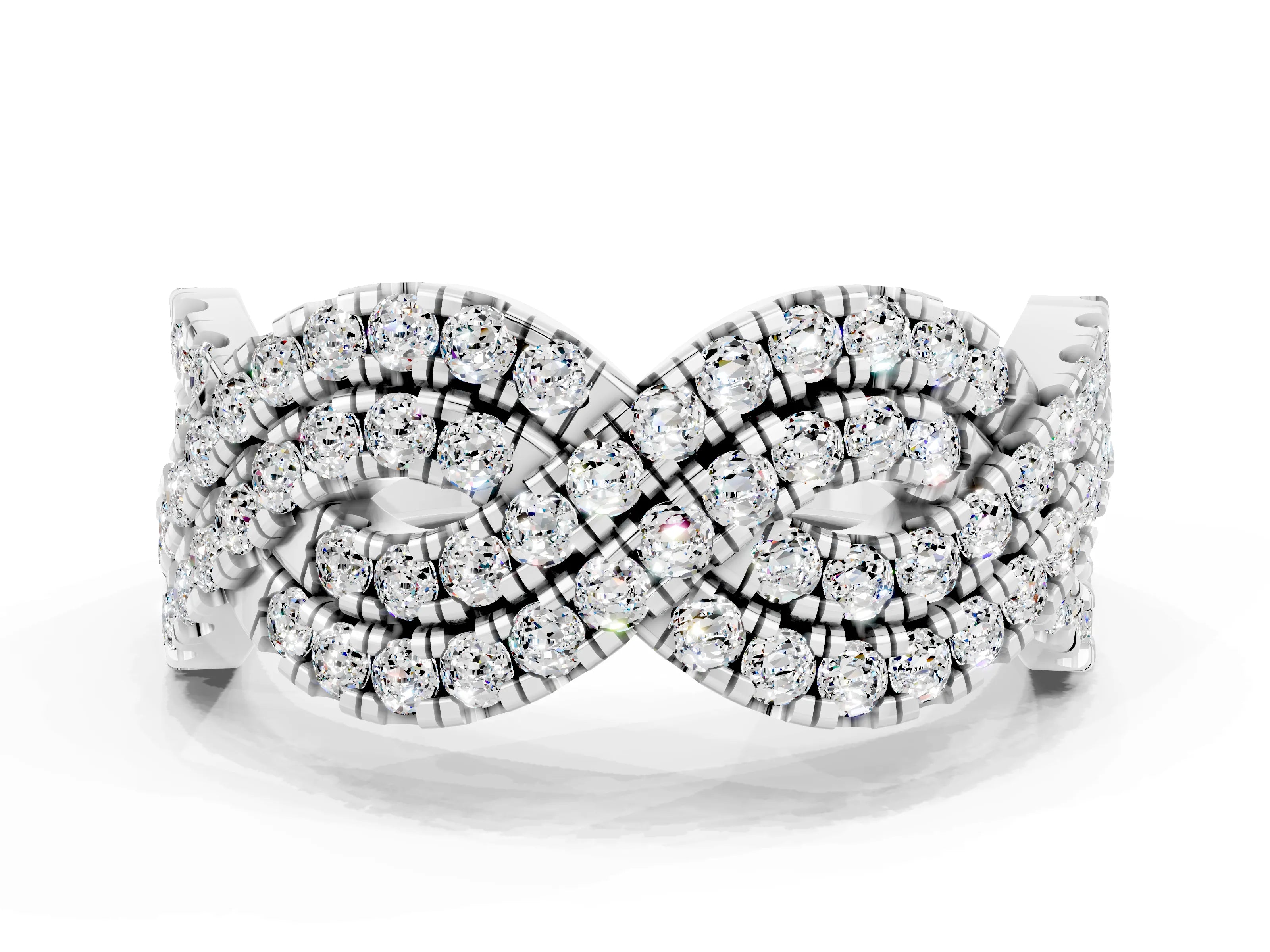 White gold Pavé Round Moissanite Infinity Twist Band with Shared Prong Setting_10