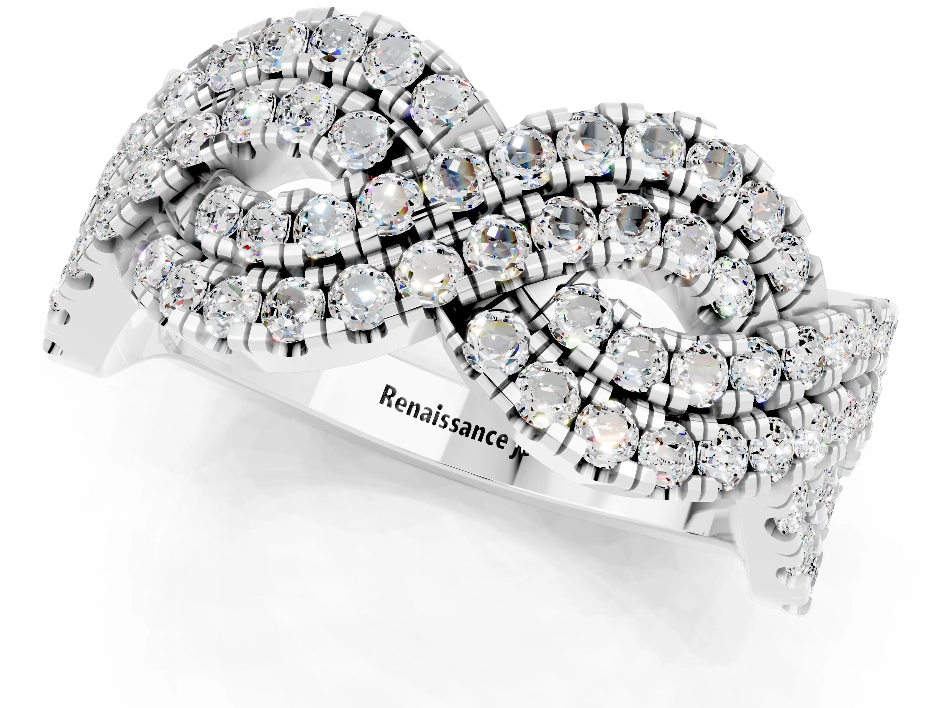 White gold Pavé Round Moissanite Infinity Twist Band with Shared Prong Setting_11