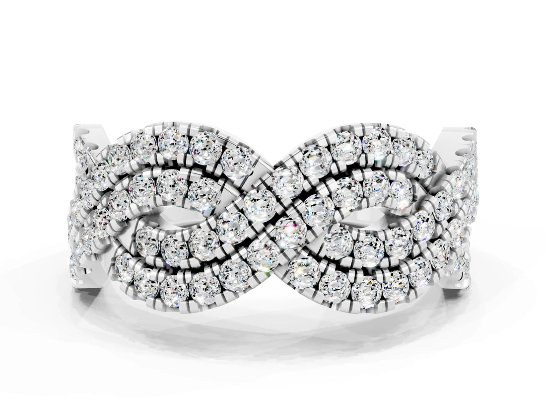 White gold Pavé Round Moissanite Infinity Twist Band with Shared Prong Setting_12