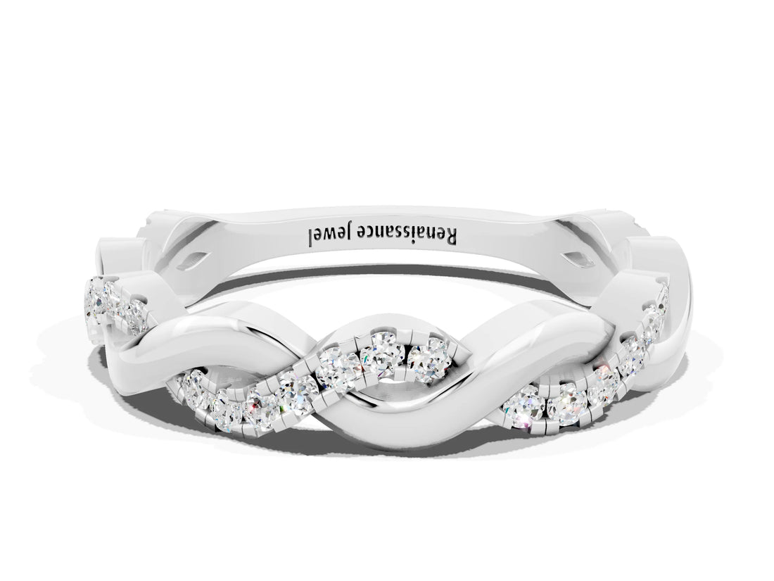 White gold Pavé Round Moissanite Twist Eternity Band with Shared Prong Setting_30