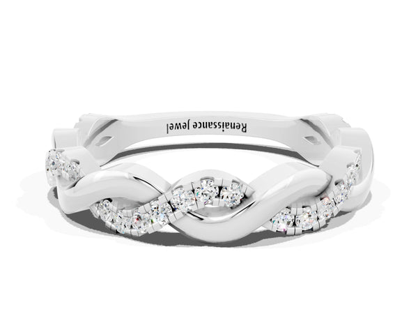 Platinum Pavé Round Moissanite Twist Eternity Band with Shared Prong Setting