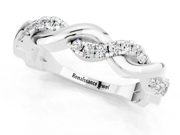 Platinum Pavé Round Moissanite Twist Eternity Band with Shared Prong Setting