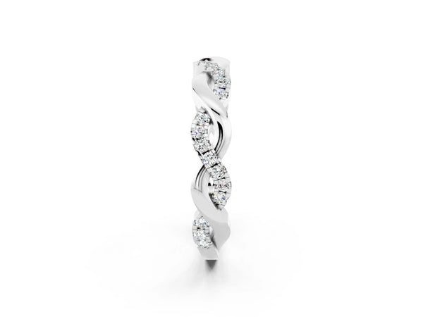 White gold Pavé Round Moissanite Twist Eternity Band with Shared Prong Setting