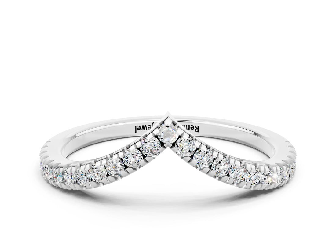 White gold Pavé Round Moissanite V-Shaped Chevron Band with Shared Prong Setting_6