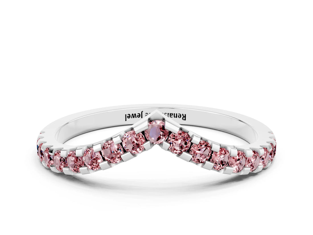 White gold Pavé Round Morganite Chevron Band with Shared Prong Setting_6