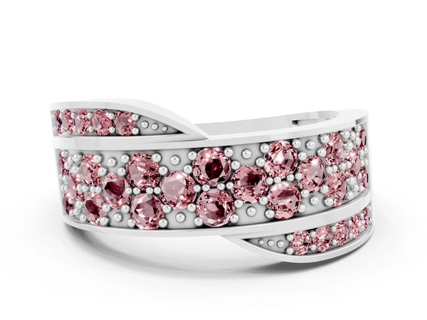 White gold Pavé Round Morganite Crossover Band with Bead Prong Setting