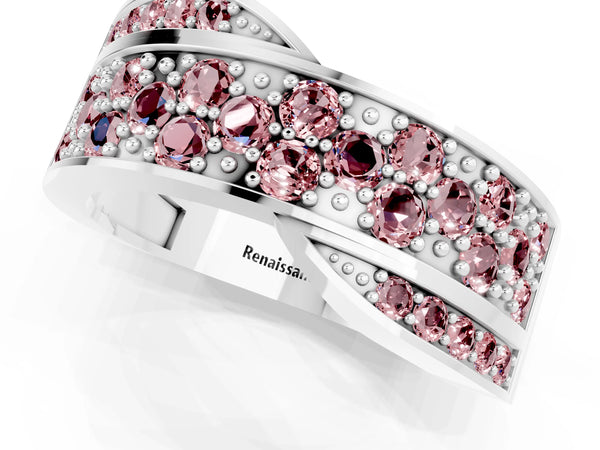 Silver Pavé Round Morganite Crossover Band with Bead Prong Setting
