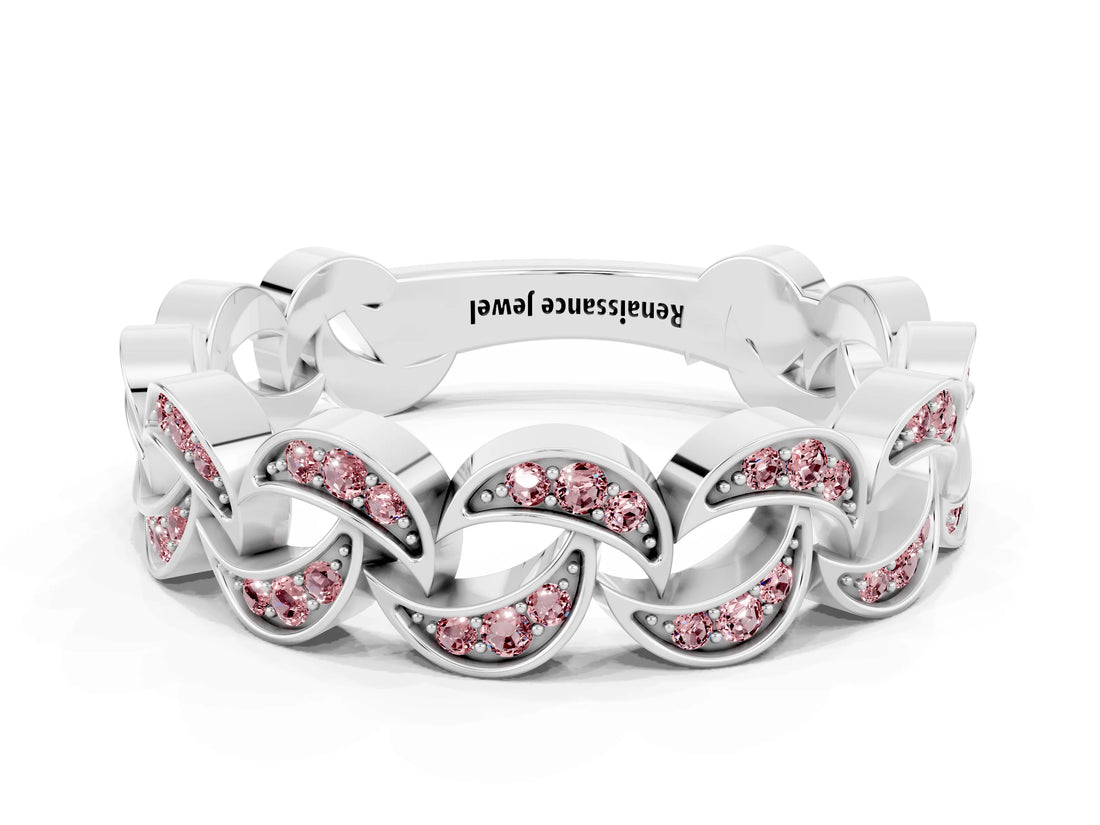 White gold Pavé Round Morganite Interlocking Eternity Band with Bezel Prong Setting_6