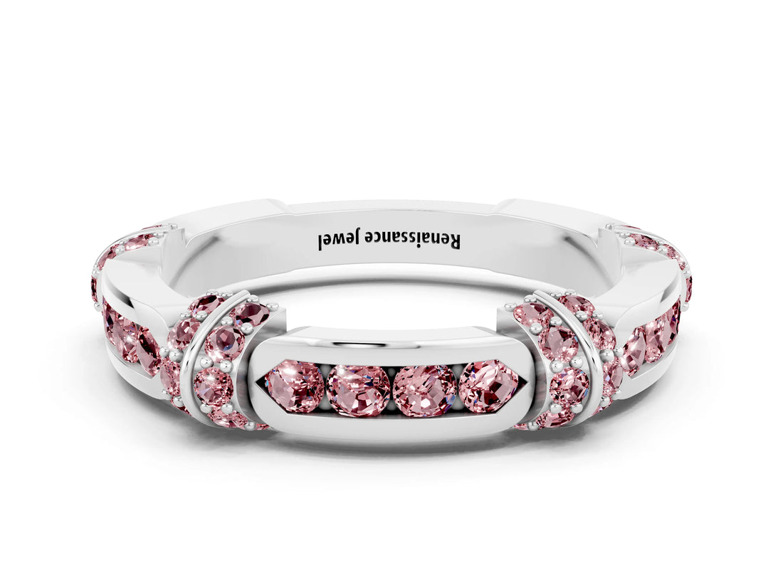 White gold Pavé Round Morganite Link Band with Bezel Setting_30