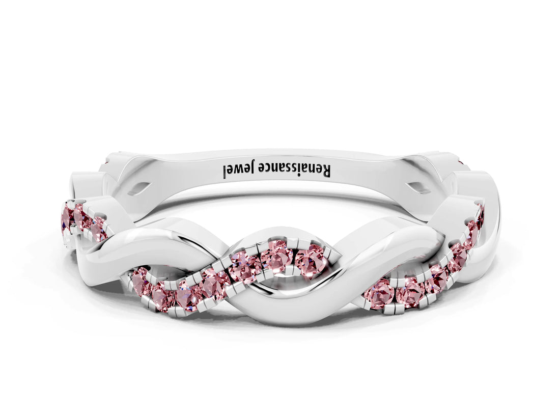 White gold Pavé Round Morganite Twist Eternity Band with Shared Prong Setting_42