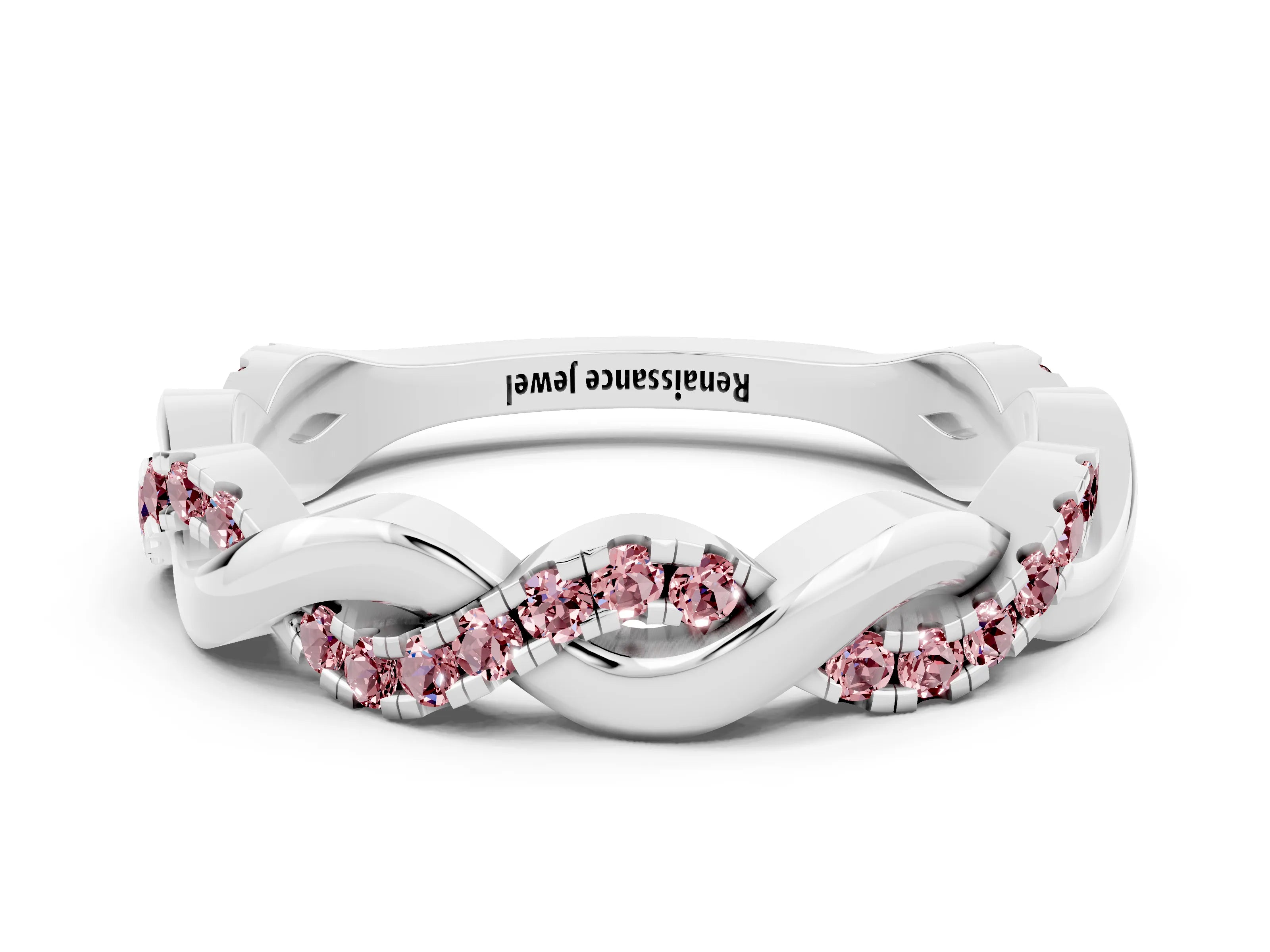 White gold Pavé Round Morganite Twist Eternity Band with Shared Prong Setting_6