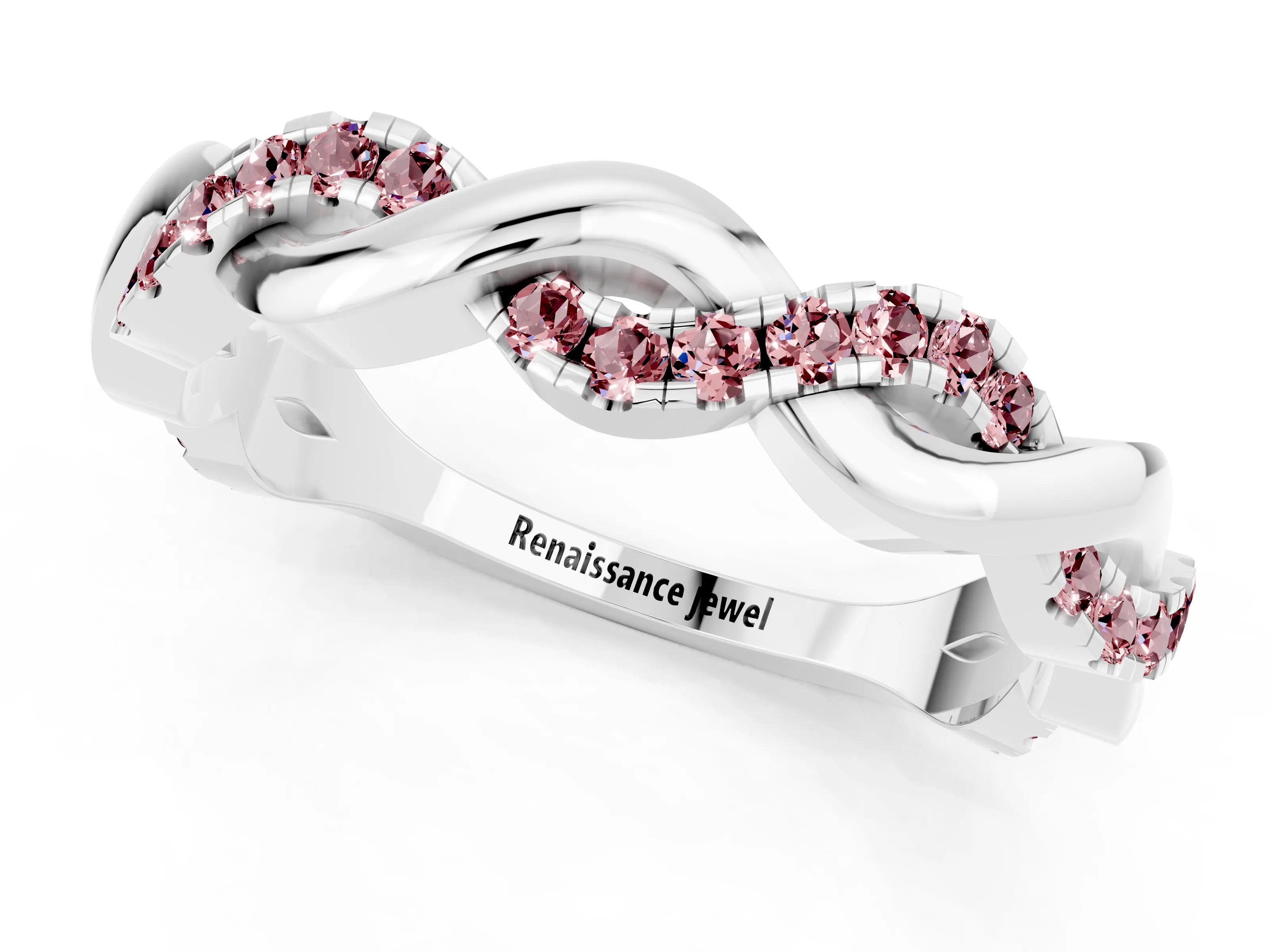 White gold Pavé Round Morganite Twist Eternity Band with Shared Prong Setting_7