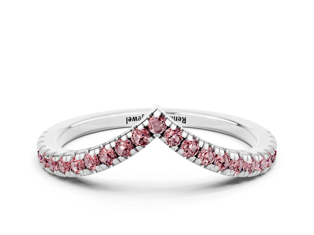 White gold Pavé Round Morganite V-Shaped Chevron Band with Shared Prong Setting_6