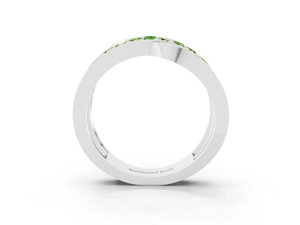Platinum Pavé Round Peridot Crossover Band with Bead Prong Setting