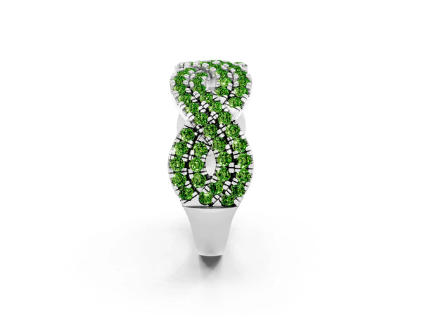 White Gold Round Peridot Pave Infinity Twist Wedding Band with Shared Prongs