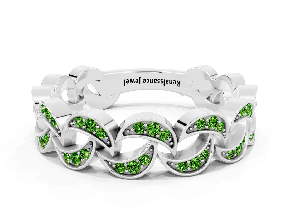 White gold Pavé Round Peridot Interlocking Eternity Band with Bezel Prong Setting_6