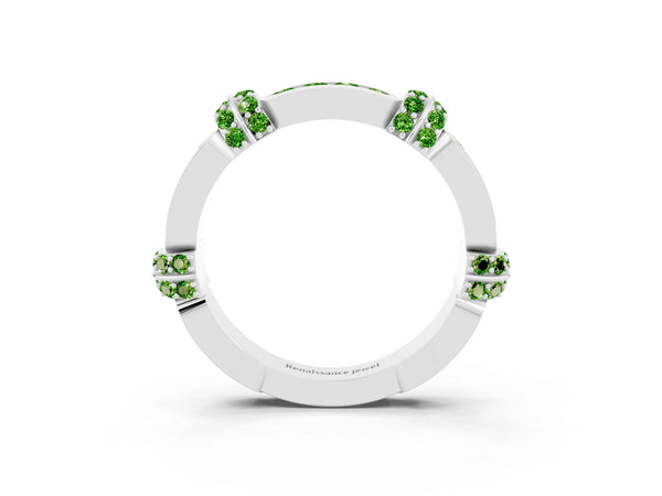 White Gold Peridot Pave Link Wedding Band with Channel Set Top Panel