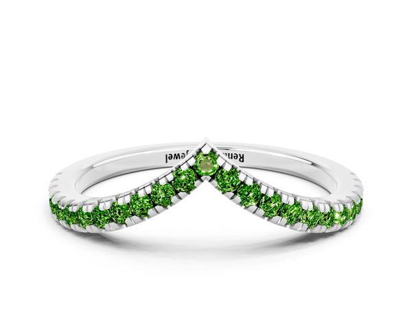 White Gold Round Peridot V Chevron Pave Wedding Band with Shared Prongs