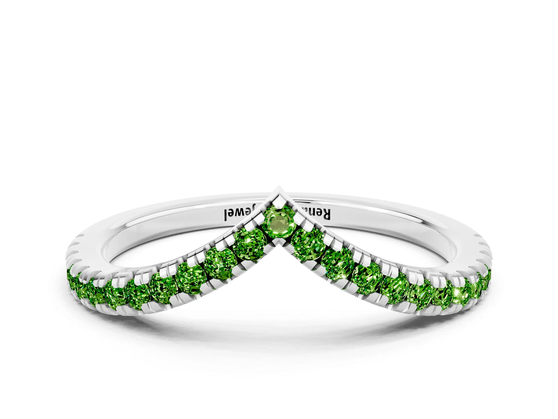 White gold Pavé Round Peridot V-Shaped Chevron Band with Shared Prong Setting_6