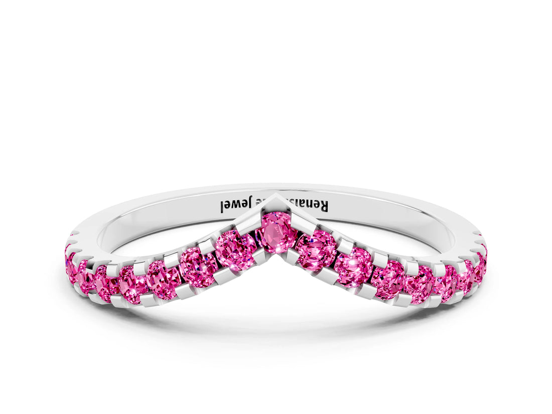 White gold Pavé Round Pink Sapphire Chevron Band with Shared Prong Setting_18