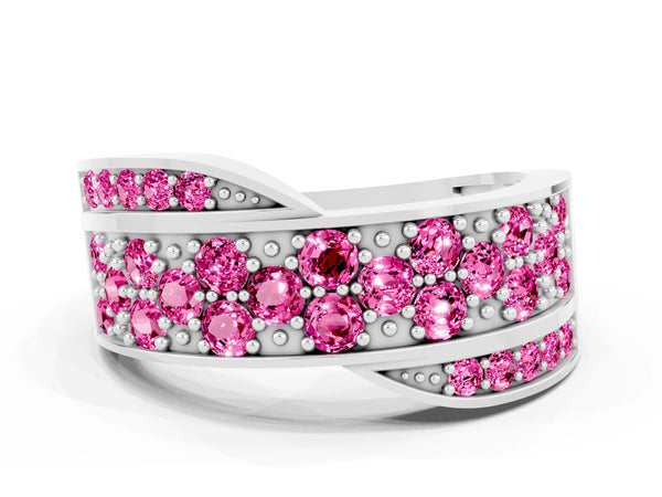 White gold Pavé Round Pink Sapphire Crossover Band with Bead Prong Setting