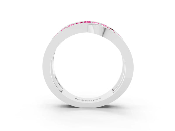 Silver Pavé Round Pink Sapphire Crossover Band with Bead Prong Setting